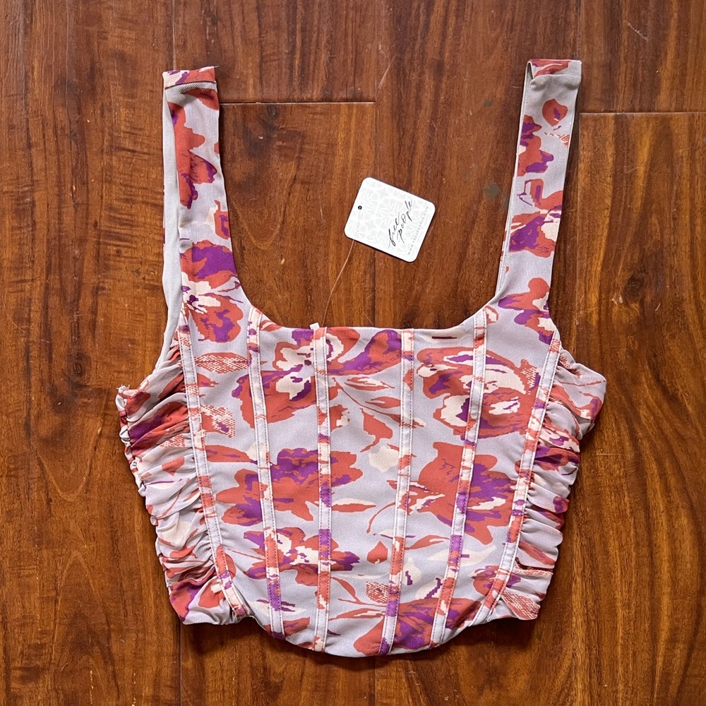 Free People Floral Corset Crop Top Coral Red Violet Small Mesh